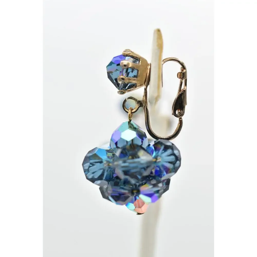 Laguna Vintage Clip On Crystal Earrings Dangle Navy Blue Drop Signed 1950s A24
